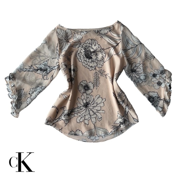 NWOT CALVIN KLEIN PINK & WHITE FLORAL CHIFFON BLOUSE RUFFLE FLARE 3/4 SLEEVES XS - Picture 12 of 16